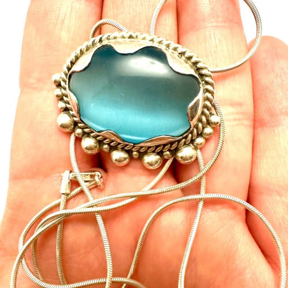 Natural Blue Chalcedony Pendant-Handmade Sterling Silver 925 Taxco Pendant w/chn
